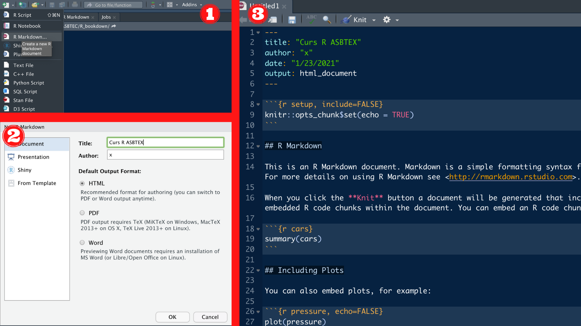 Passos per crear un document Rmarkdown: 1) iniciar la creació del document; 2) posar títol al document i crear-lo; 3) Rmarkdown per defecte i algunes de les seves característiques.