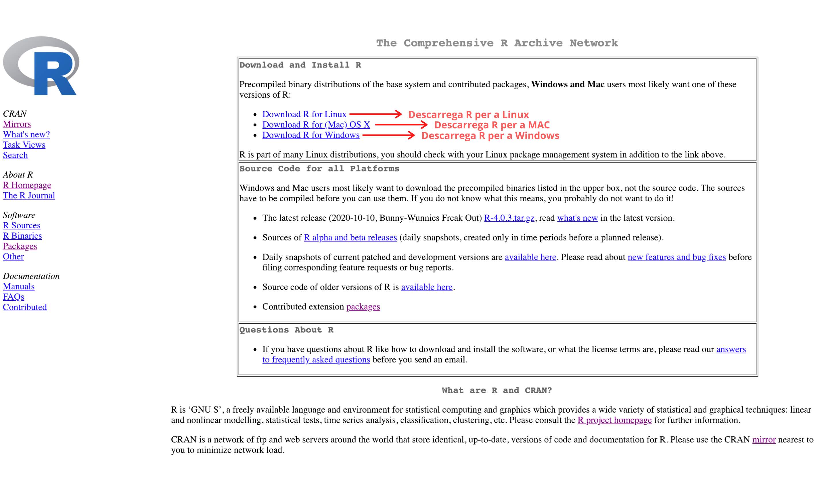 Pàgina inicial de la CRAN (<i>Comprehensive R Archive Network</i>), on pots descarregar els instal·ladors d'R.